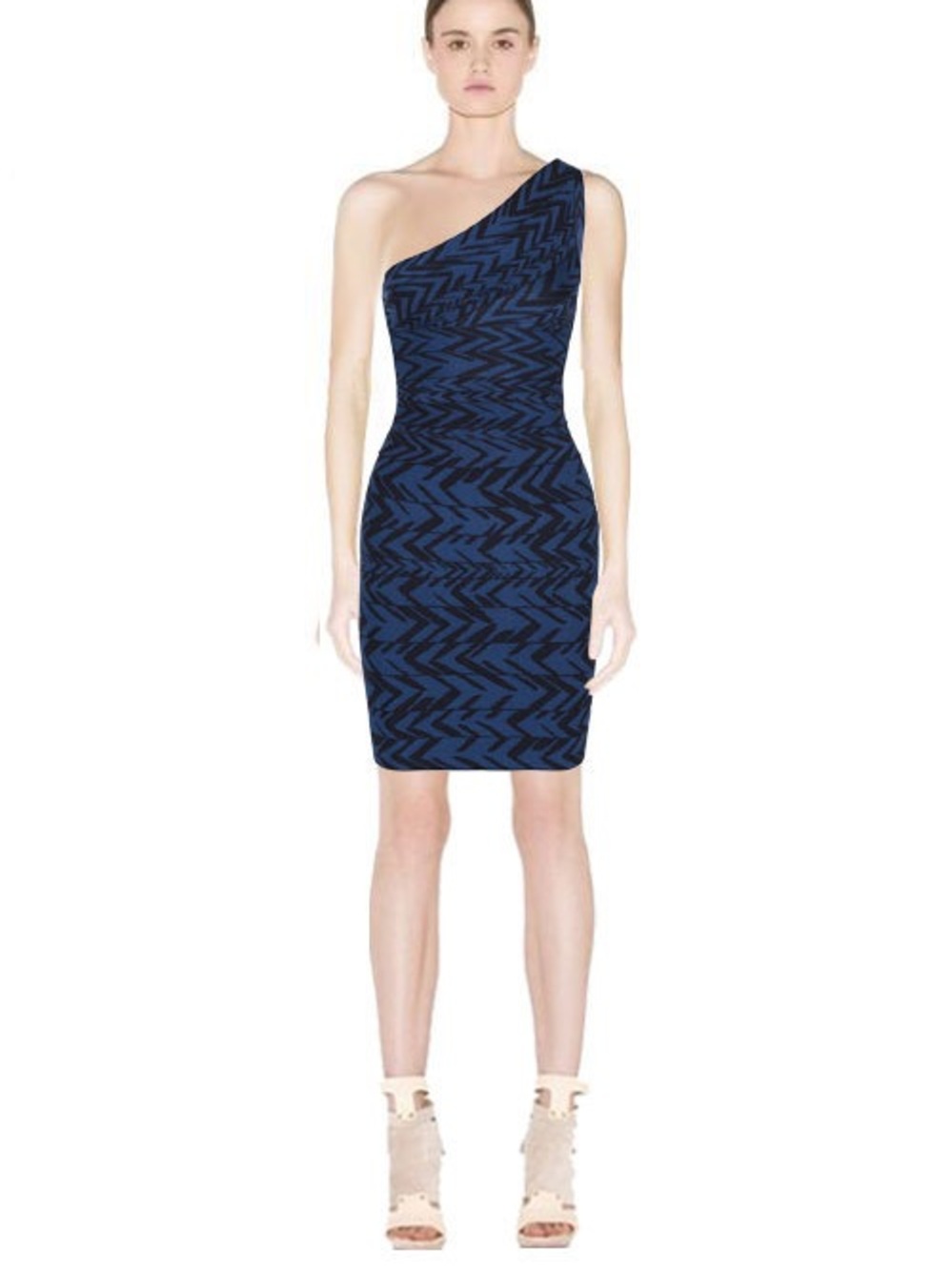 Herve Leger Dagny One-Shoulder Navy and Black Bandage Mini Dress